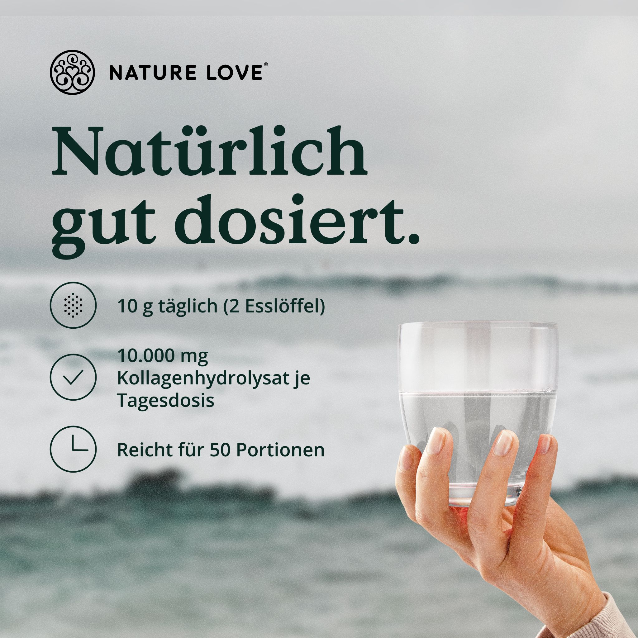 NATURE LOVE® Premium Collagen Pulver - 500g Kollagen - Peptide Type 1 und 3 - Geschmacksneutral