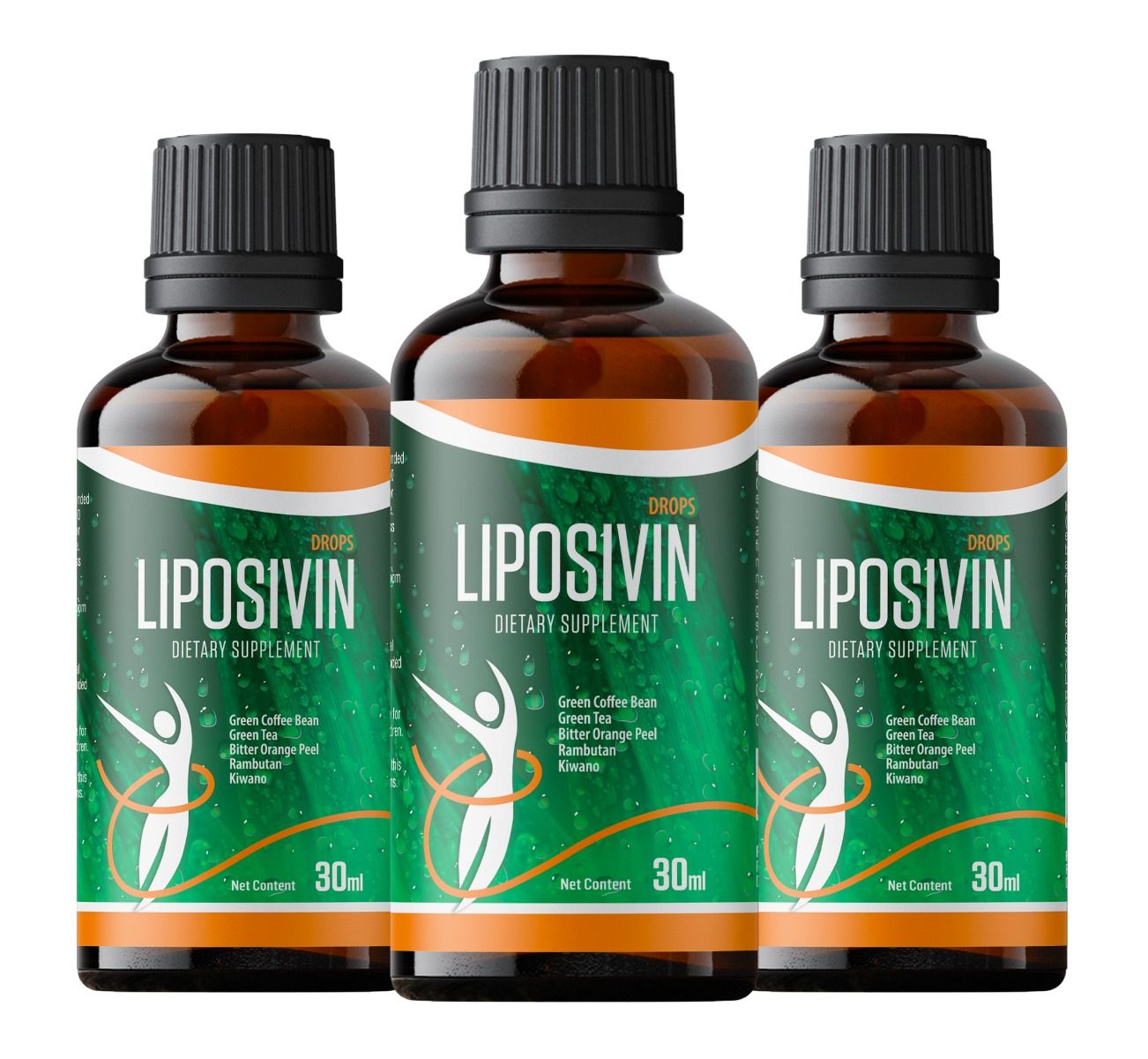 Drei braune Glasflaschen mit schwarzen Deckeln. Etiketten mit "LIPOSIVIN" und Inhaltsstoffen. Grün-orangefarbenes Design. 30ml.