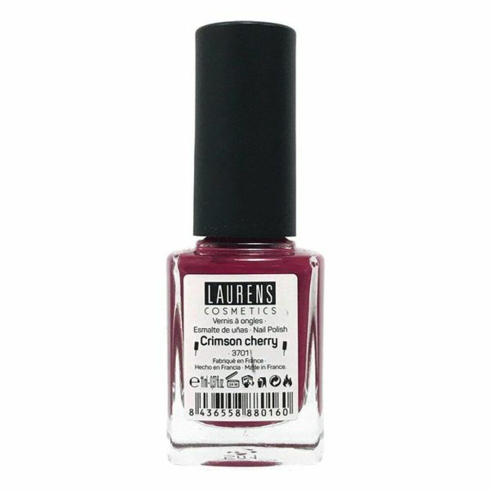 Nagellackflasche mit schwarzem Deckel. Aufschrift: LAURENS COSMETICS. Farbe: Crimson Cherry. Text auf Französisch.