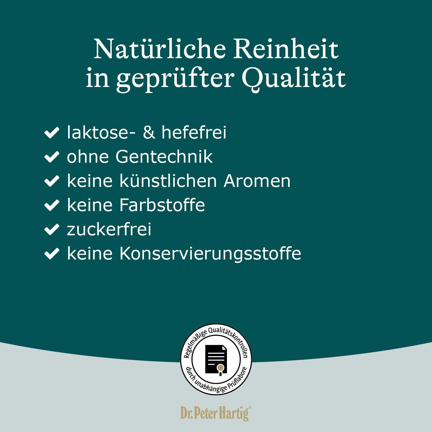 Produktverpackung mit Text und Inhaltsstoffen. Aufschrift: Dr. Peter Hartig ProstaNatur Plus. Mit Brennnessel und Roggenpollen.