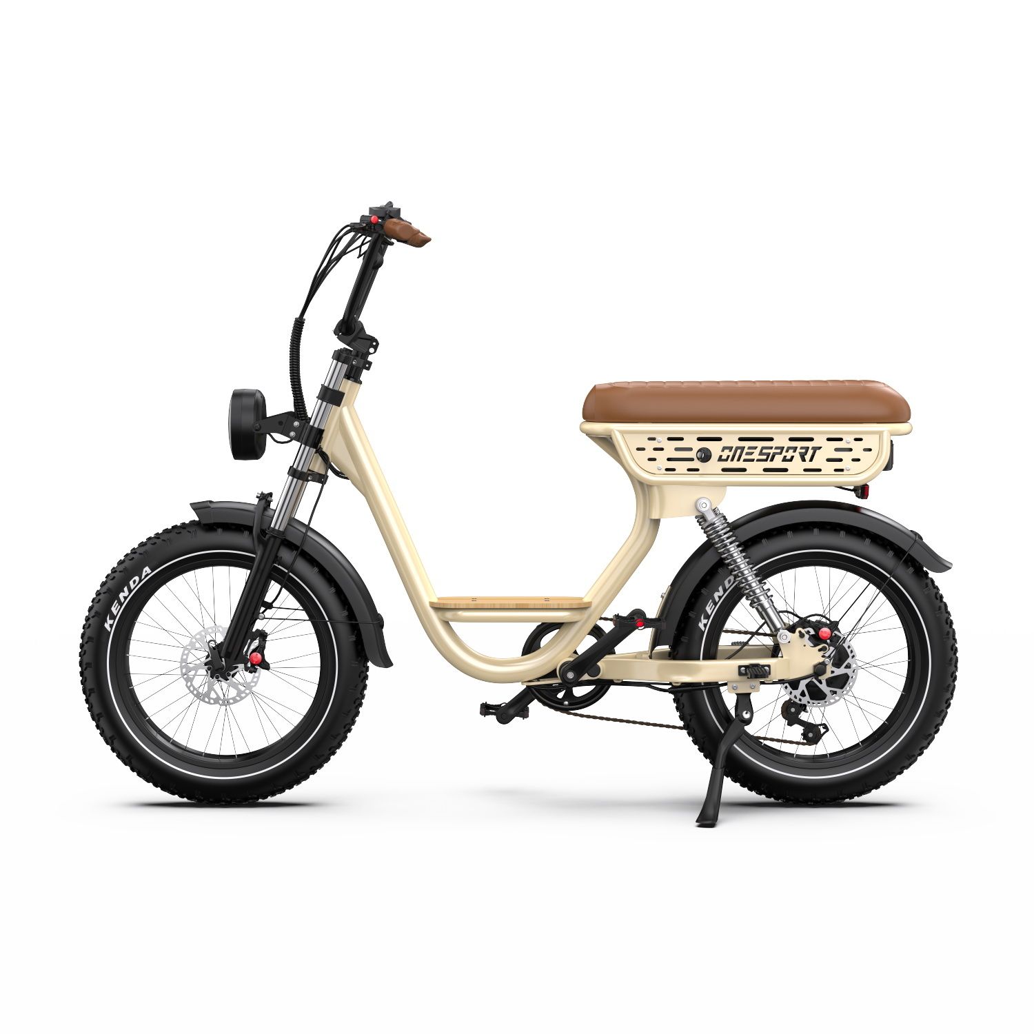 Beige Elektrofahrrad mit braunem Sattel und Gepäckträger. Schwarze Reifen, Kotflügel und Lenker. Marke: ONESPORT.