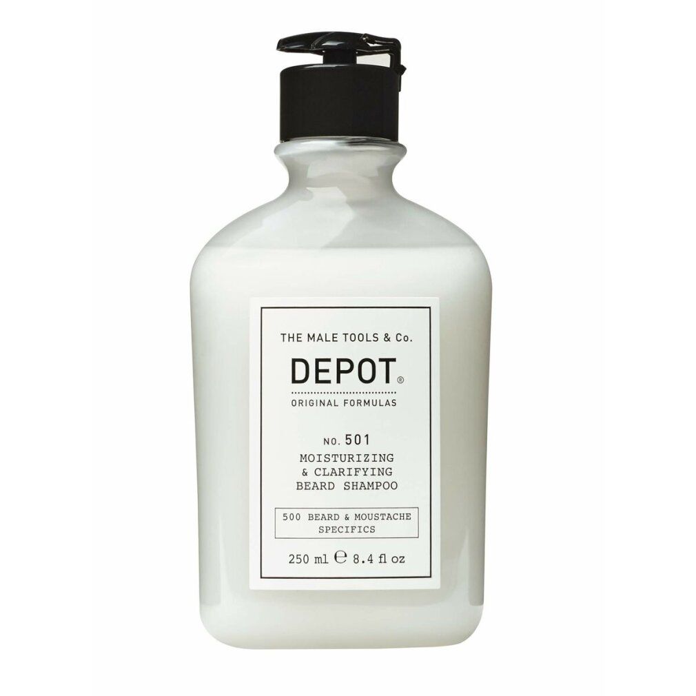 Behälter mit Depot 501 Bartshampoo. Weißes Etikett mit Produktinformationen. Schwarzer Pumpverschluss.