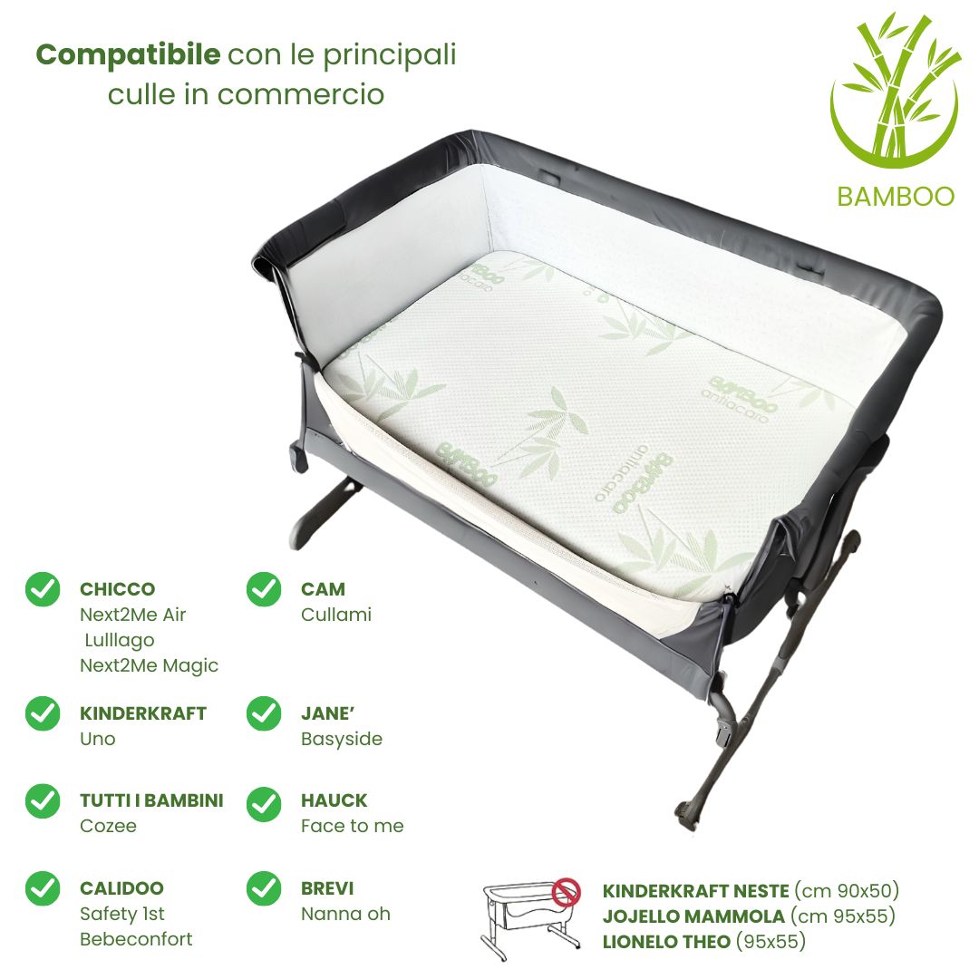 Il materasso IDELIO Materasso Culla Next To Me Bamboo BIO è un materasso per culle. È grigio e bianco, con un logo in bambù. Il materasso è compatibile con varie culle, come Chicco Next2Me Air e Kinderkraft Uno.