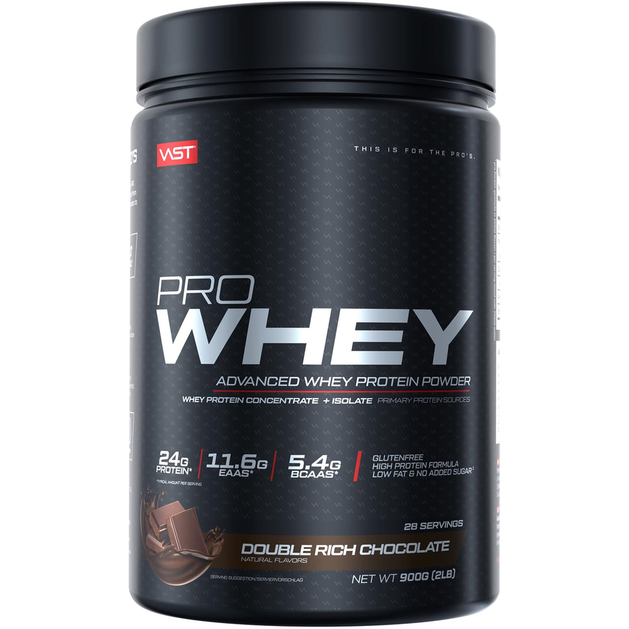 Schwarze Dose mit "PRO WHEY"-Aufschrift. Enthält 24g Protein, 11,6g EAAS, 5,4g BCAAS. Geschmack: Double Rich Chocolate. Nettogewicht: 900g.