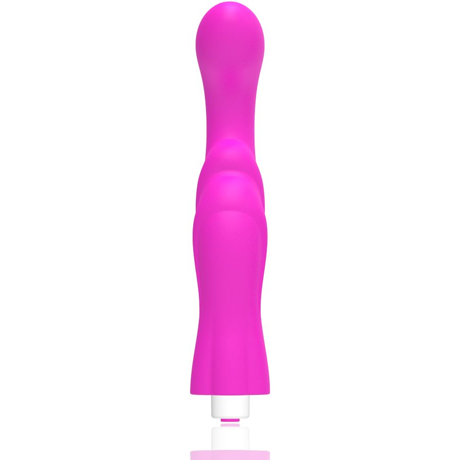 Pinkfarbener Vibrator mit abgerundeter Form. Der Griff hat eine wellenförmige Struktur. Unterseite mit weißem Element.