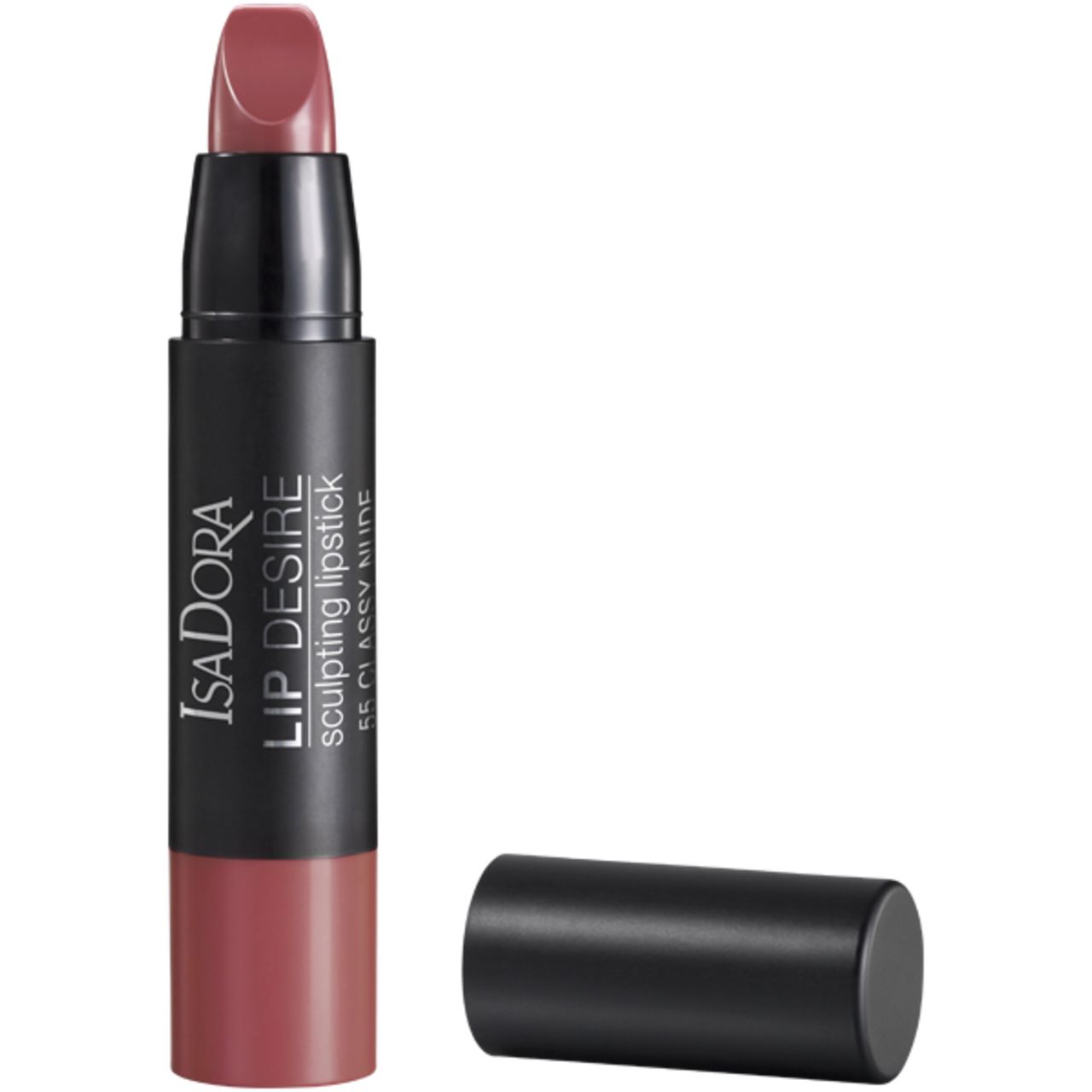 IsaDora Lip Desire Sculpting Lipstick. Rosa Lippenstift, schwarze Hülse, offene Kappe daneben. Text: 'Classy Nude'.