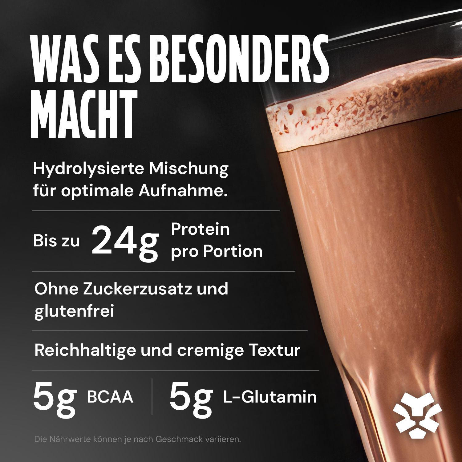 Glas mit Polleo 1st Whey Protein Shake, reich an Protein und BCAA.