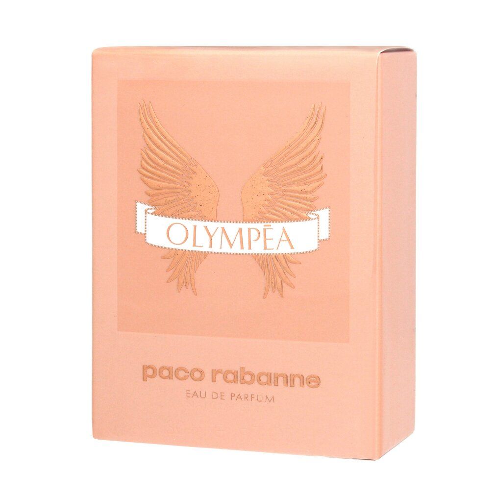 Rosa Verpackung mit Flügel-Design. Aufschrift: Olympéa, Paco Rabanne, Eau de Parfum.