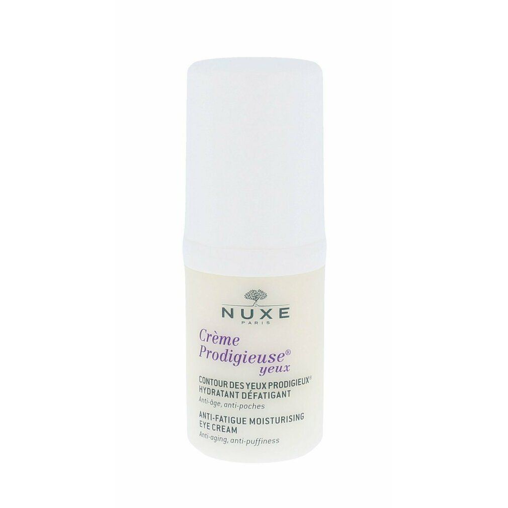 Flacon cylindrique blanc avec bouchon. Inscriptions: NUXE, Crème Prodigieuse yeux, Contour des yeux, Anti-Fatigue Moisturising Eye Cream.