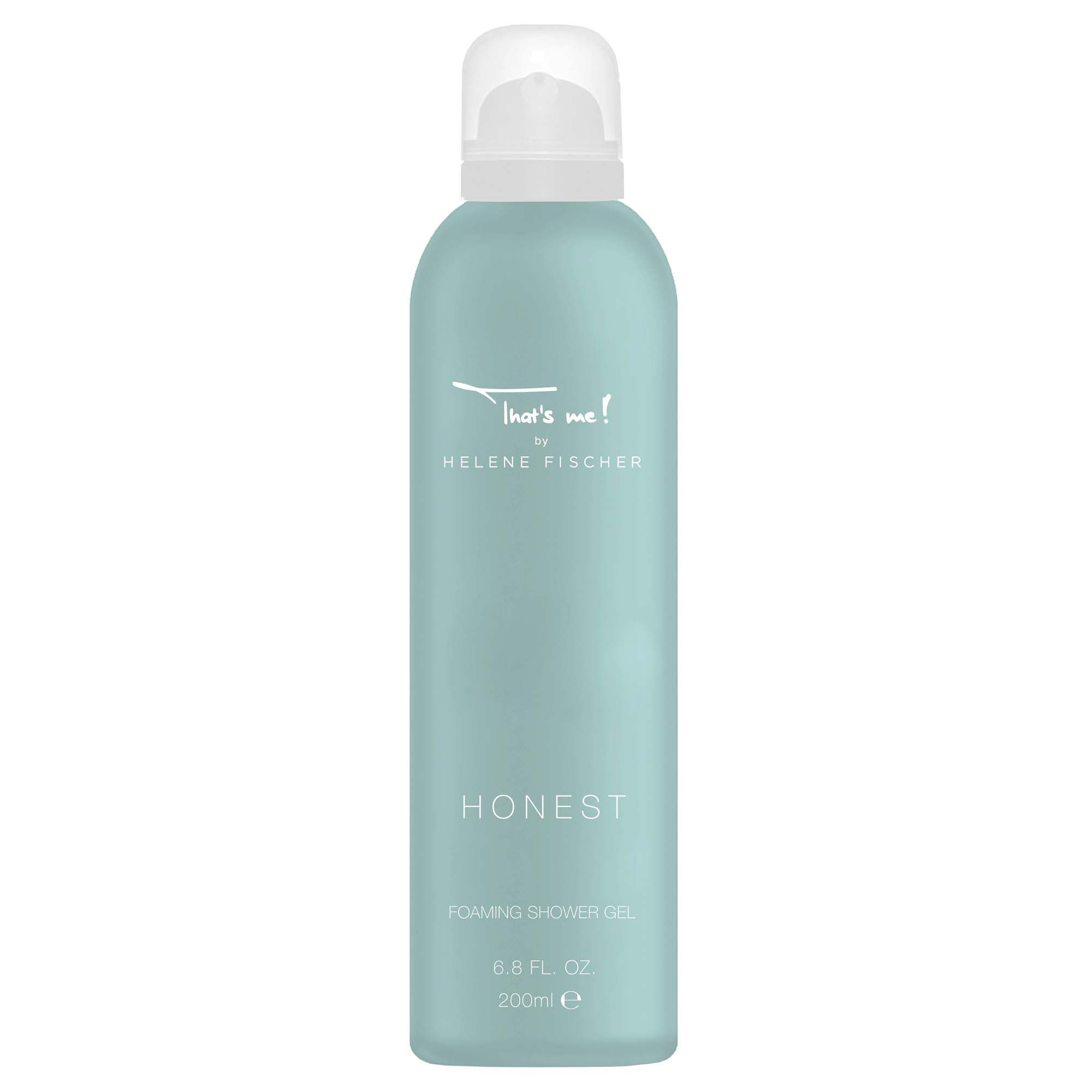 Türkisgrüne Flasche mit weißem Pumpkopf. Aufschrift: That's me! by Helene Fischer, HONEST, Foaming Shower Gel.