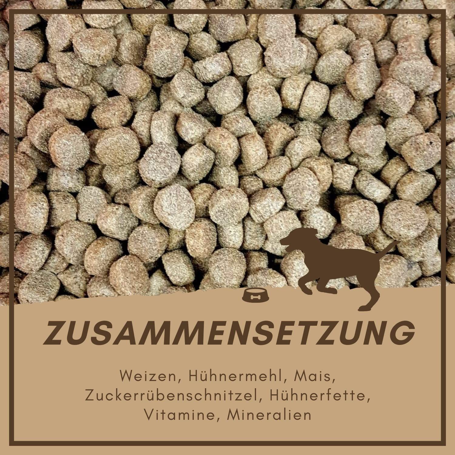 Zusammensetzung: Weizen, Hühnermehl, Mais, Zuckerrübenschnitzel, Hühnerfett, Vitamine, Mineralien. Hund.