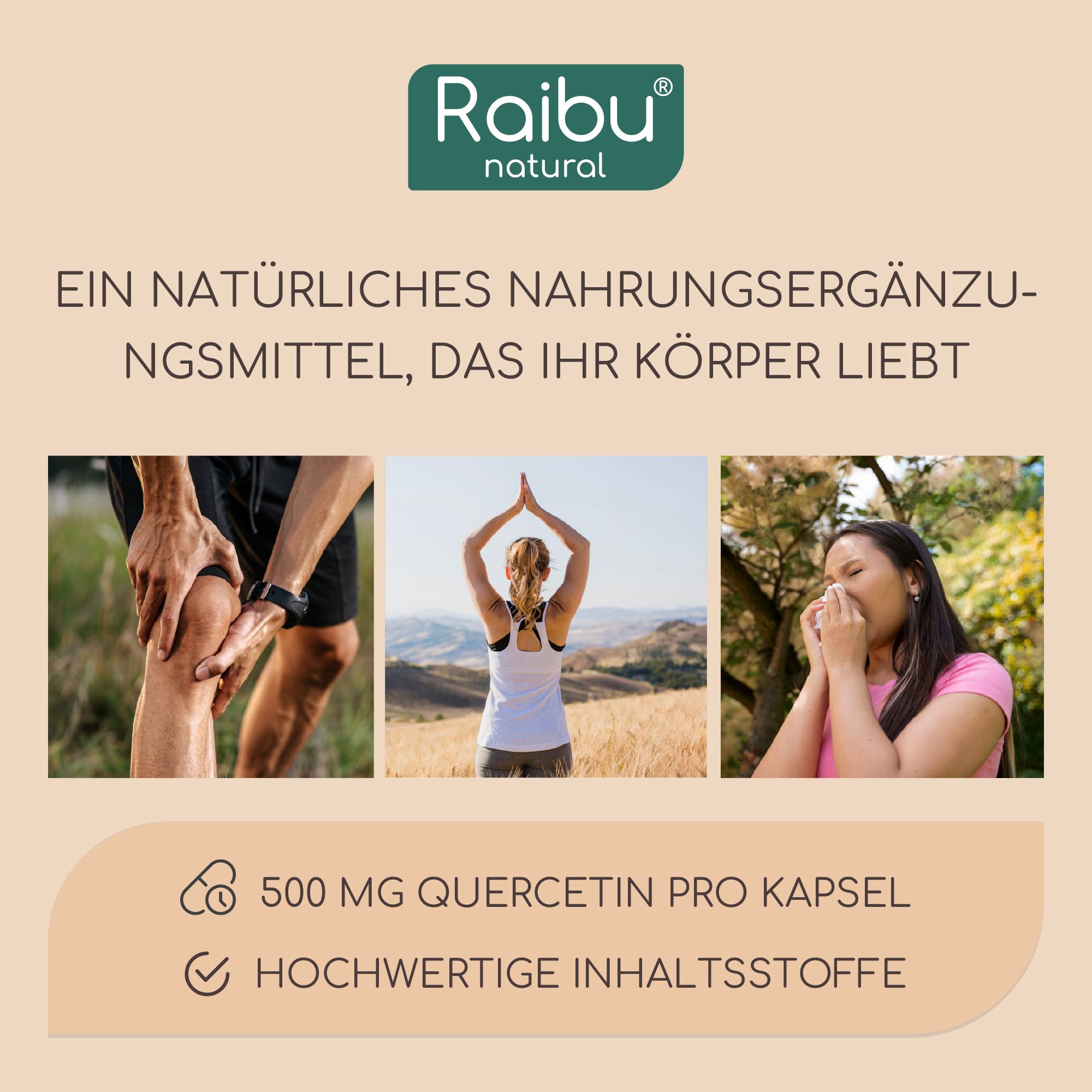 Illustrationen: Mann mit Schmerzen, Frau beim Yoga, Person mit Allergie. Aufschrift: 500 mg Quercetin pro Kapsel.