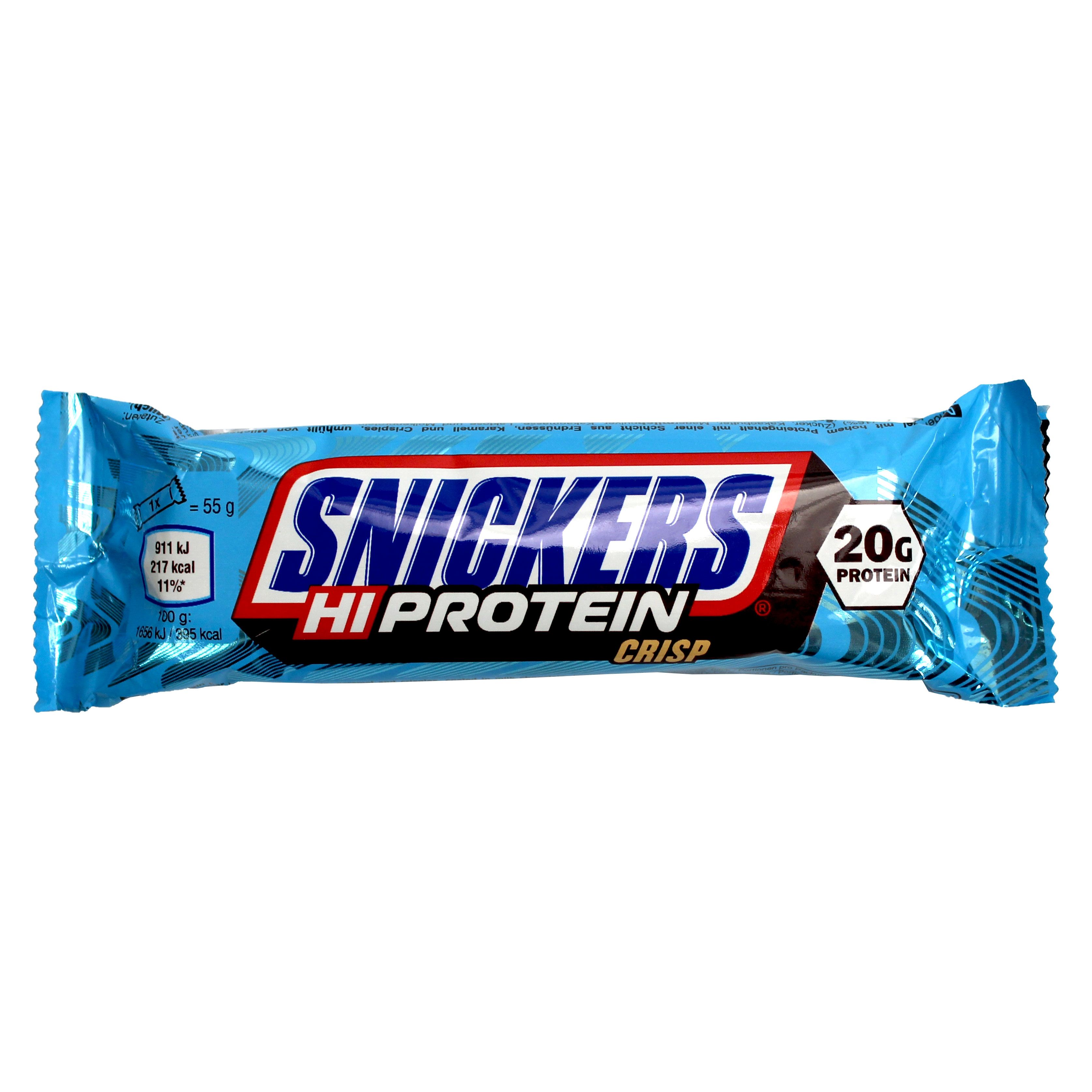 Blauer Riegel mit der Aufschrift "Snickers Hi Protein Crisp" und 20g Protein. Verpackung mit Nährwertangaben.