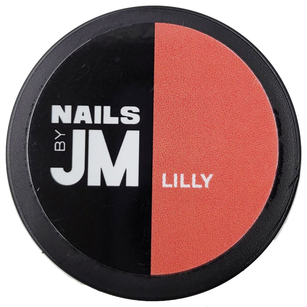 Runder Behälter, geteilt in Schwarz und Koralle. Auf der schwarzen Seite steht "NAILS BY JM". Auf der korallenroten Seite steht "LILLY".