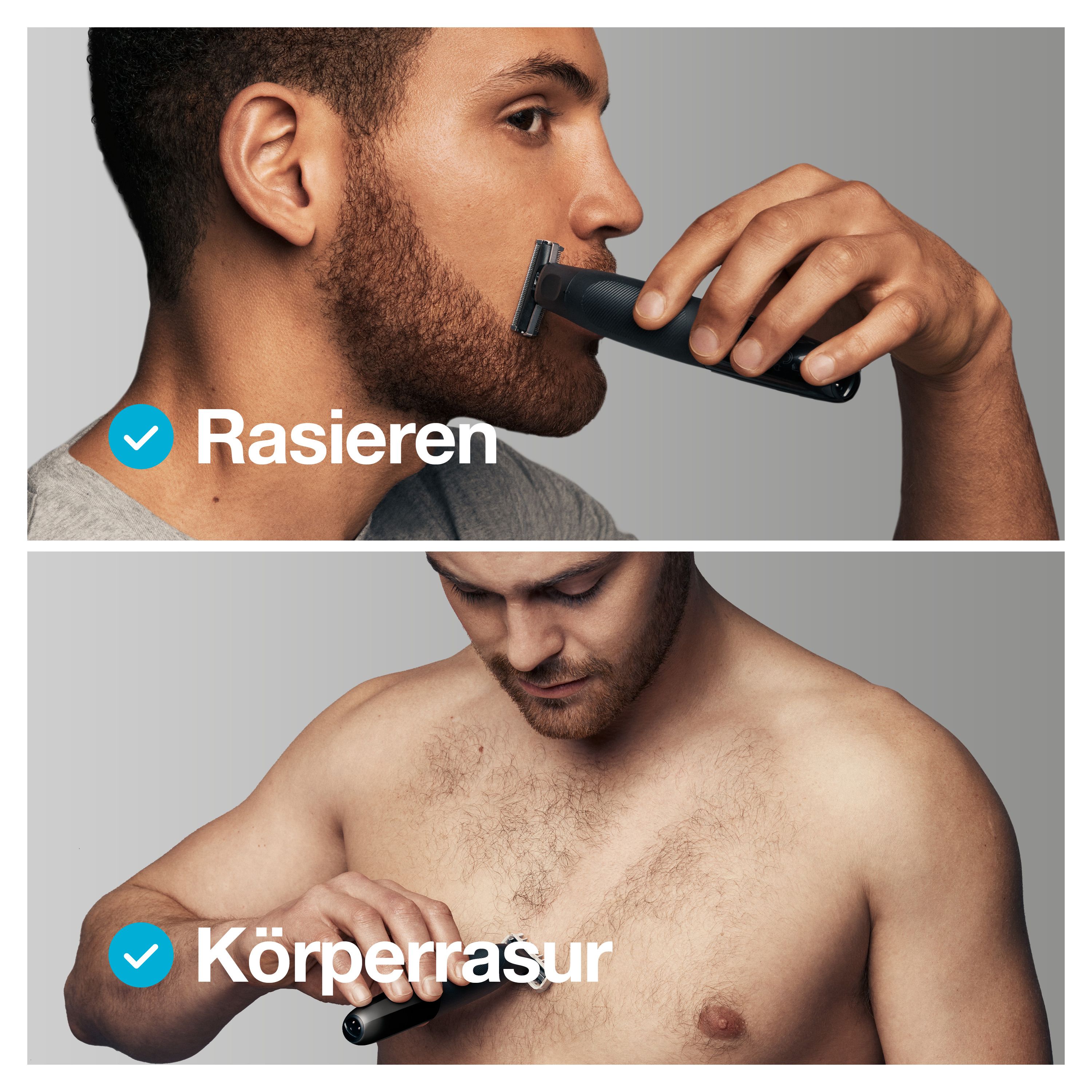 Zwei Bilder zeigen einen Mann, der sich rasiert und seinen Körper rasiert. Der Trimmer ist sichtbar.