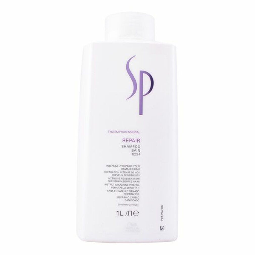 Weiße Shampoo-Flasche mit lila Schriftzug. Enthält "SP", "Repair Shampoo" und "1L".