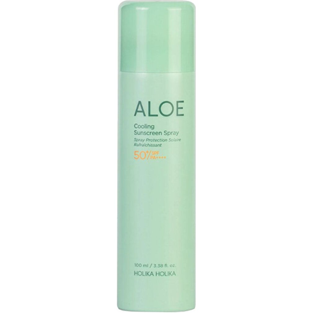 Holika Holika Aloe Cooling Sunscreen Spray mit LSF 50+ in hellgrüner Dose.