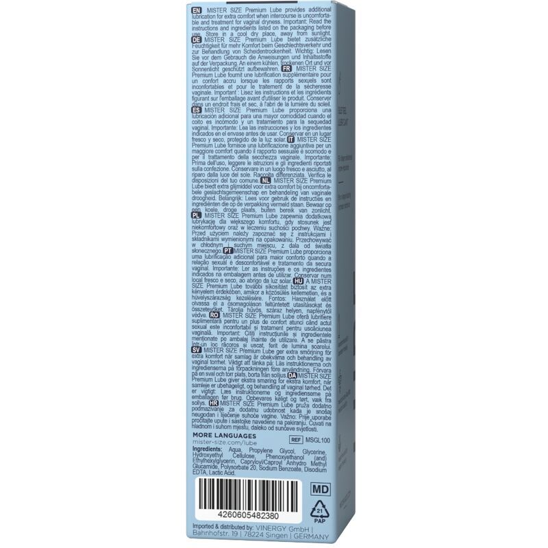 Rückseite einer hellblauen Verpackung mit Text. Inhaltsstoffe, Gebrauchsanweisung, CE-Kennzeichnung, Barcode.