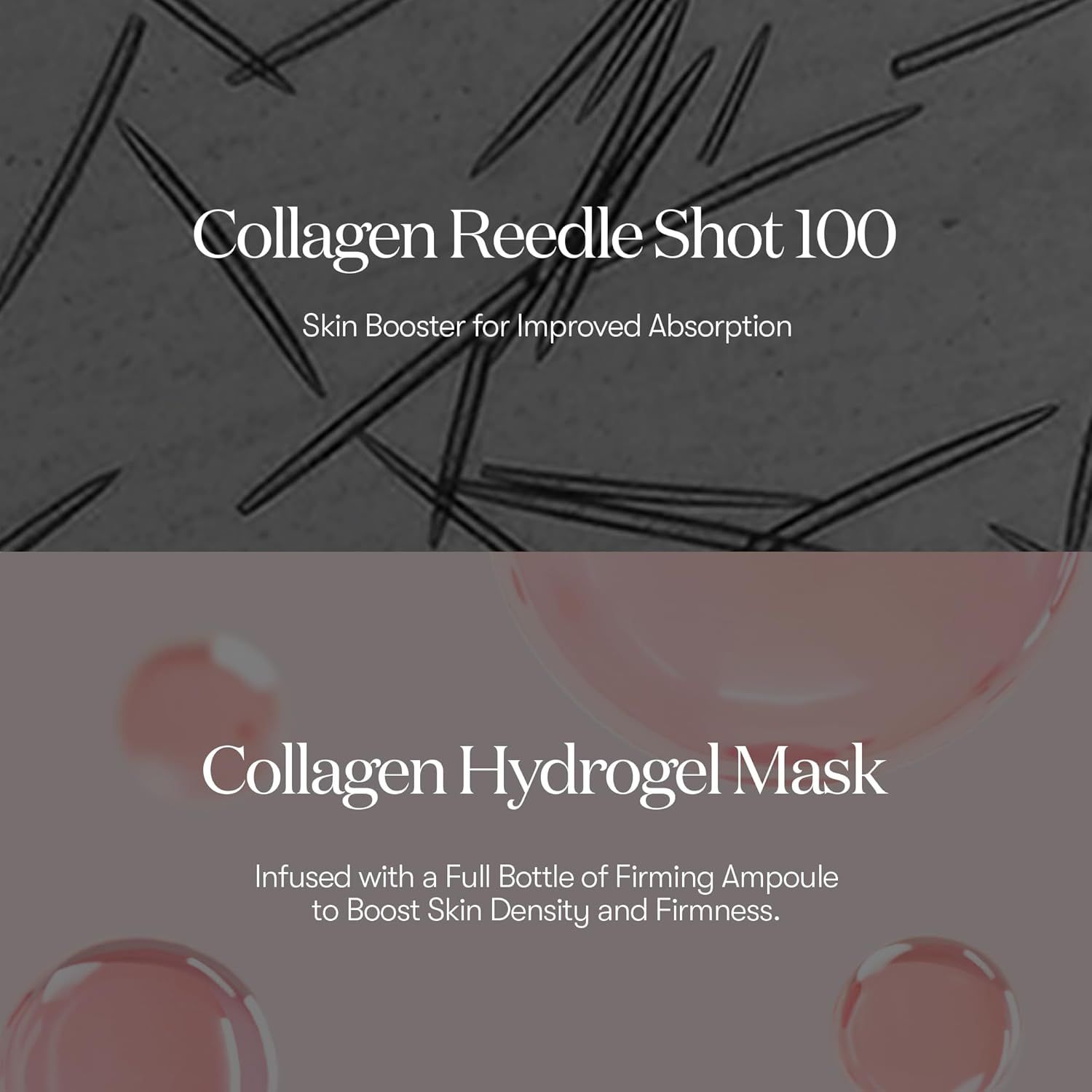 Nahaufnahme von Nadeln und rosa Kugeln. Text: Collagen Reedle Shot 100, Collagen Hydrogel Mask.