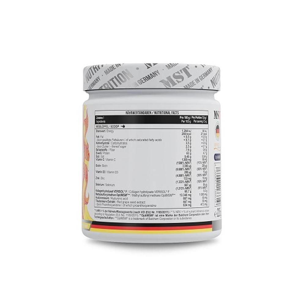 Rückseite des weißen Behälters. Nährwertangaben. Text in Deutsch. Mit deutscher Flagge. Logo: MST.