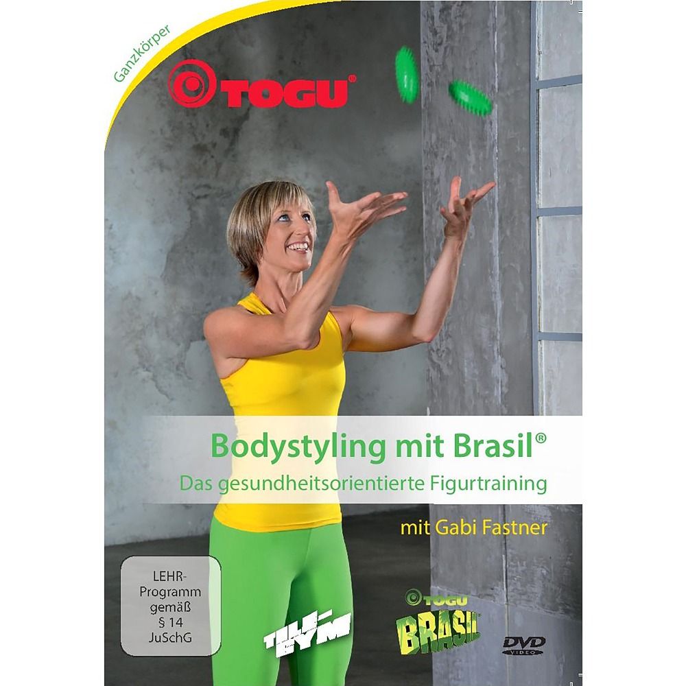 DVD-Cover: Frau jongliert mit grünen Handtrainern. Titel: Bodystyling mit Brasil®.