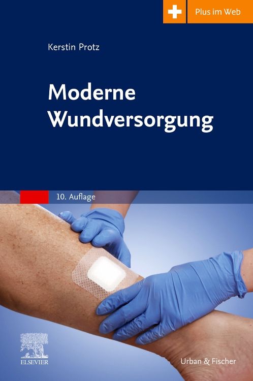 Buchcover: Moderne Wundversorgung. Titel, Autorin, Auflage. Hände mit blauen Handschuhen legen Verband auf Bein.
