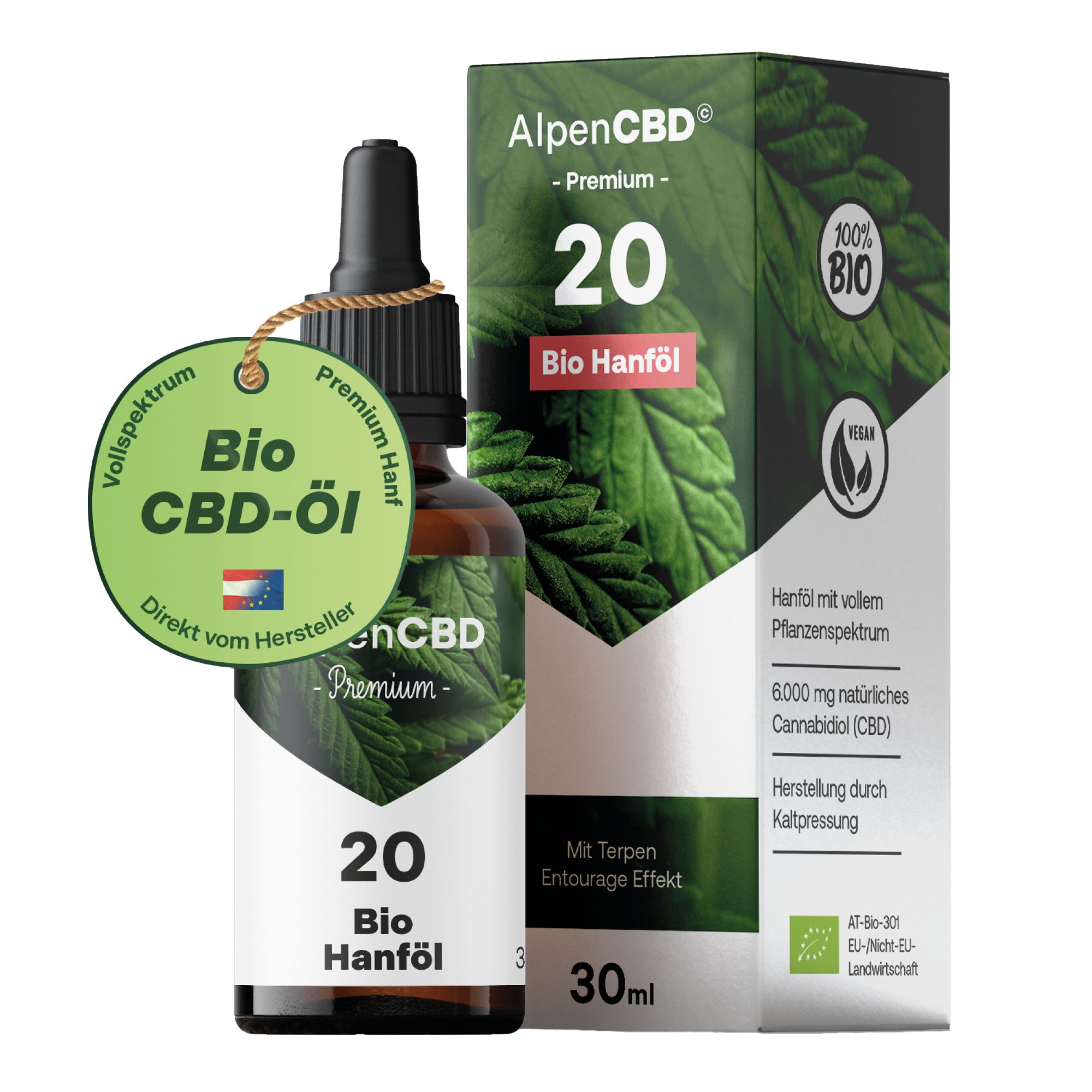 Braune Glasflasche mit Tropfer und Verpackung. Etikett mit AlpenCBD, 20 Bio Hanföl. Zertifizierungen.