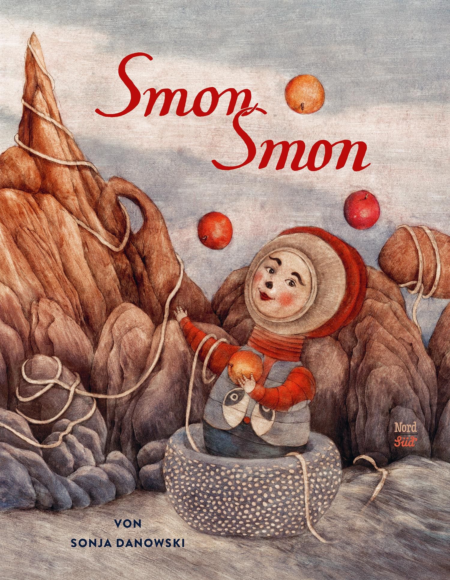 Buchcover mit Titel "Smon Smon". Illustration einer Figur in einem Boot, umgeben von Felsen und Früchten. Autor: Sonja Danowski.
