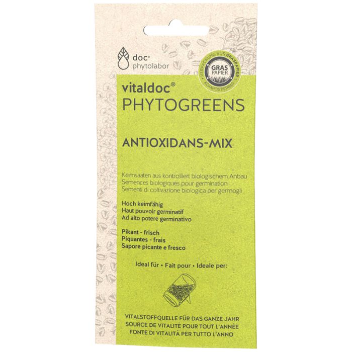 Verpackung von Vitaldoc Phytogreens Antioxidans-Mix. Grün-weißes Design mit Produktnamen und Logo. Enthält Text in mehreren Sprachen.