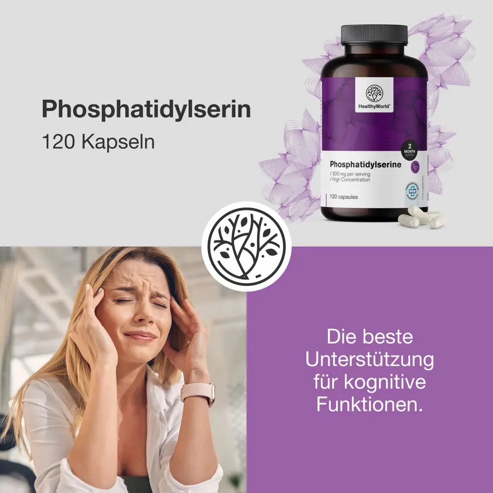 Frau mit Kopfschmerzen. Daneben Flasche mit lila Etikett: Phosphatidylserin, 120 Kapseln. Logo HealthyWorld.