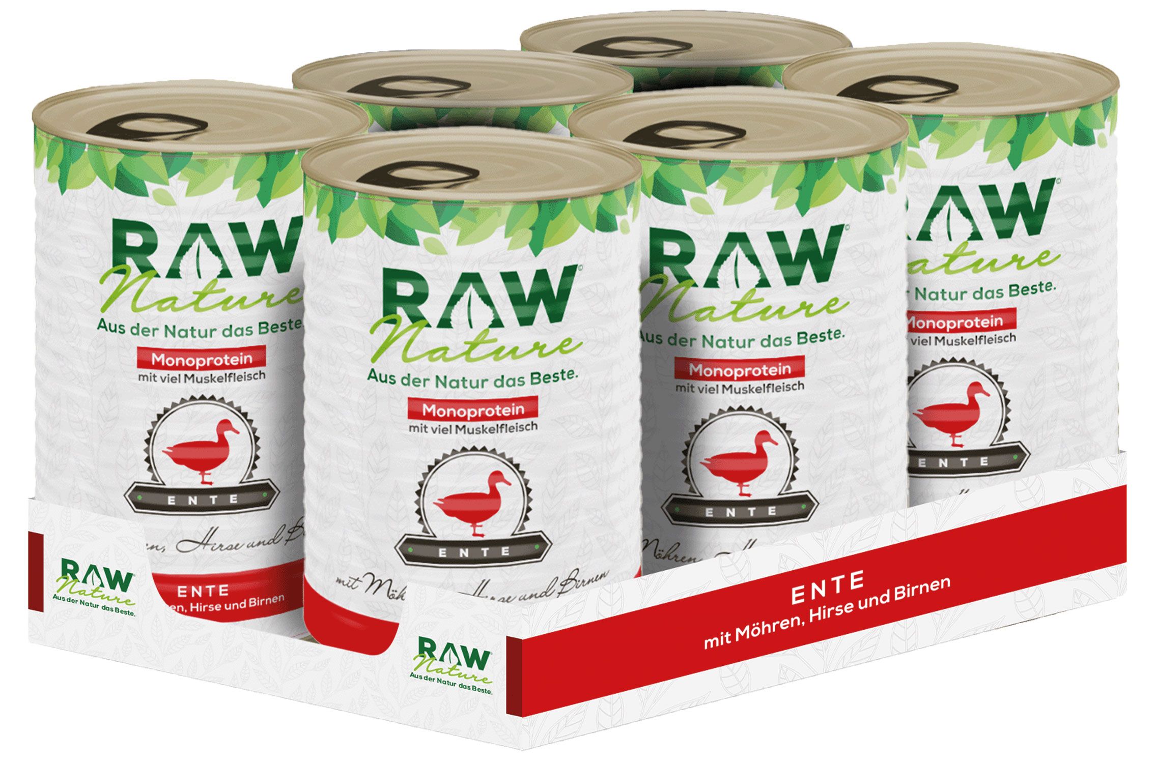 Sechs Dosen Nassfutter in einer Verpackung. Auf jeder Dose: RAW Nature Logo, "Ente" und Produktinformationen. Grün-braune Farbgebung.