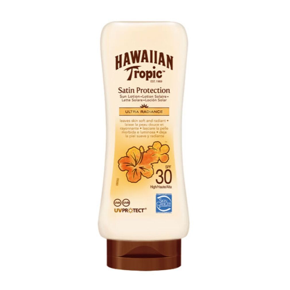 Hawaiian Tropic Satin Protection Sonnenschutz Ultra Radiance LSF 30 Flasche mit Hibiskus-Motiv.