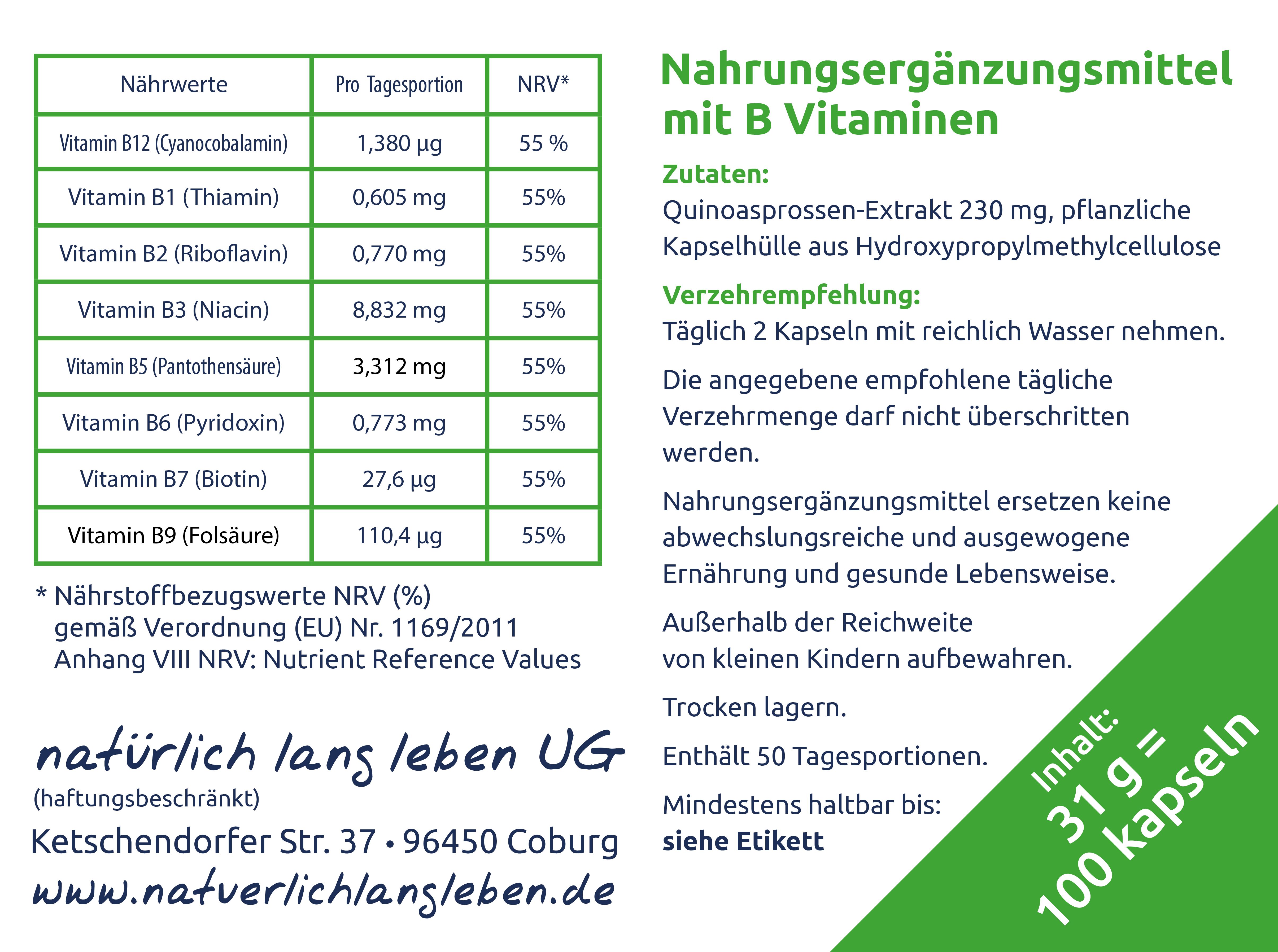 Rückseite der Verpackung mit Nährwertangaben und Inhaltsstoffen. Text: "Nahrungsergänzungsmittel mit B Vitaminen".