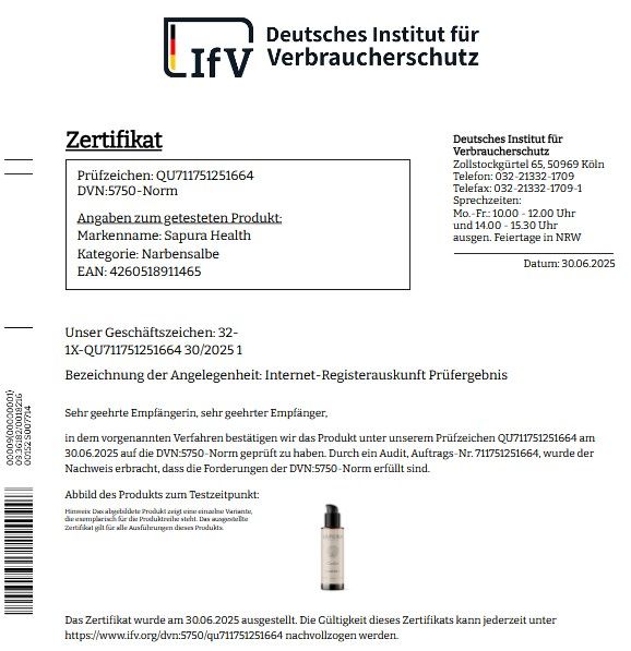 Zertifikat des Deutschen Instituts für Verbraucherschutz. Angaben zu getesteten Produkten. Marke: Sápura Health. Kategorie: Narbensalbe.