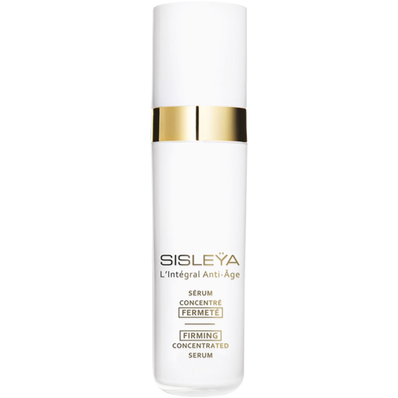 Weißes Serum mit goldfarbenem Band. Aufschrift: Sisleya L'Intégral Anti-Âge, Serum concentré fermeté, Firming Concentrated Serum.