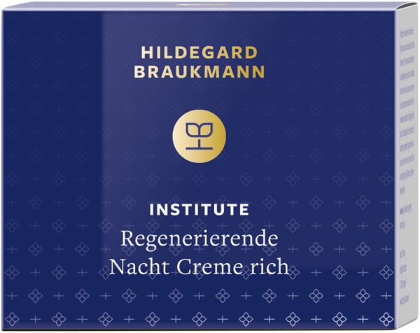 Hildegard Braukmann Institute Regenerierende Nachtcreme Rich, blaue Verpackung mit goldenem Logo und Text.