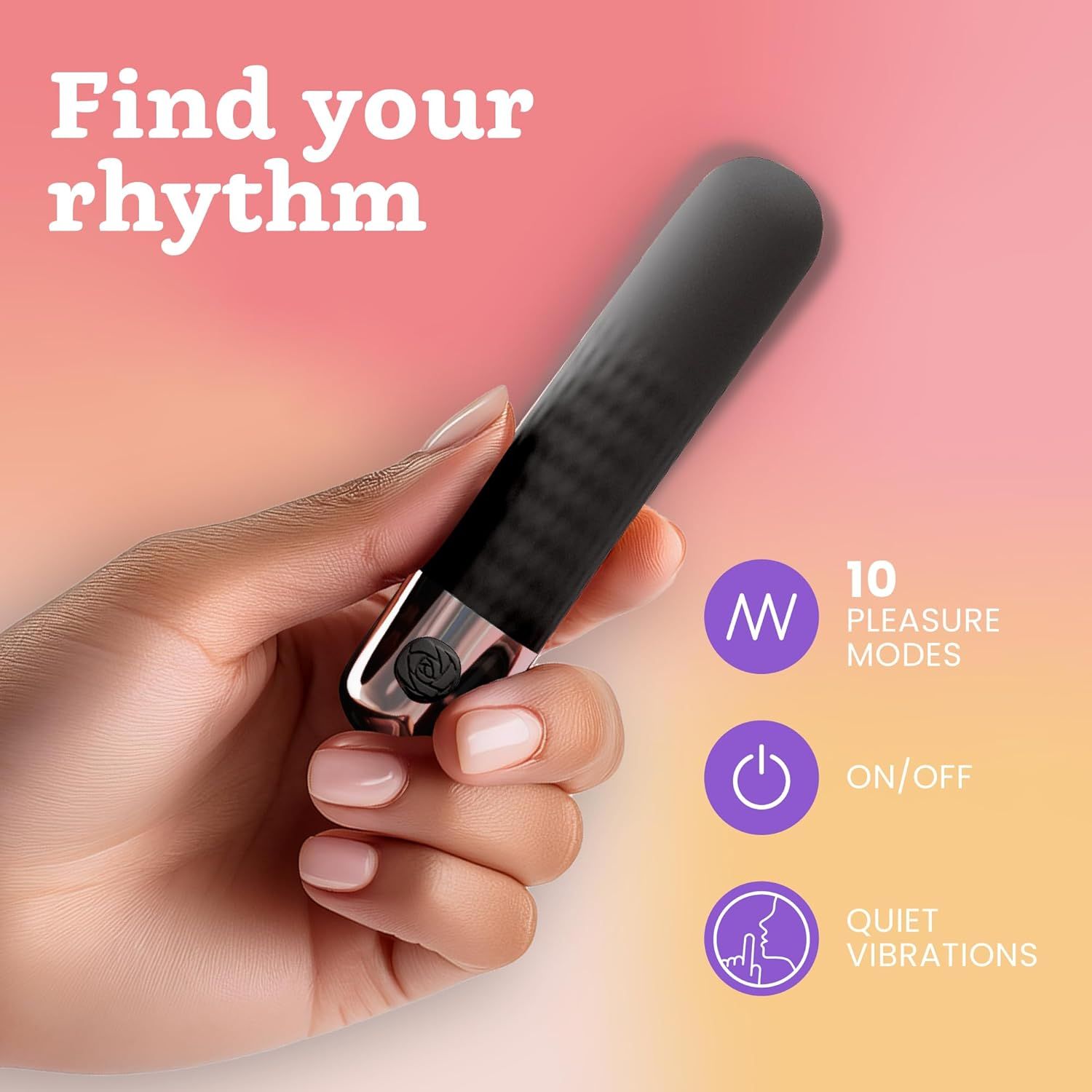 Schwarzer Bullet Vibrator in einer Hand. 10 Vibrationsmodi, Ein/Aus-Taste, leise Vibrationen.