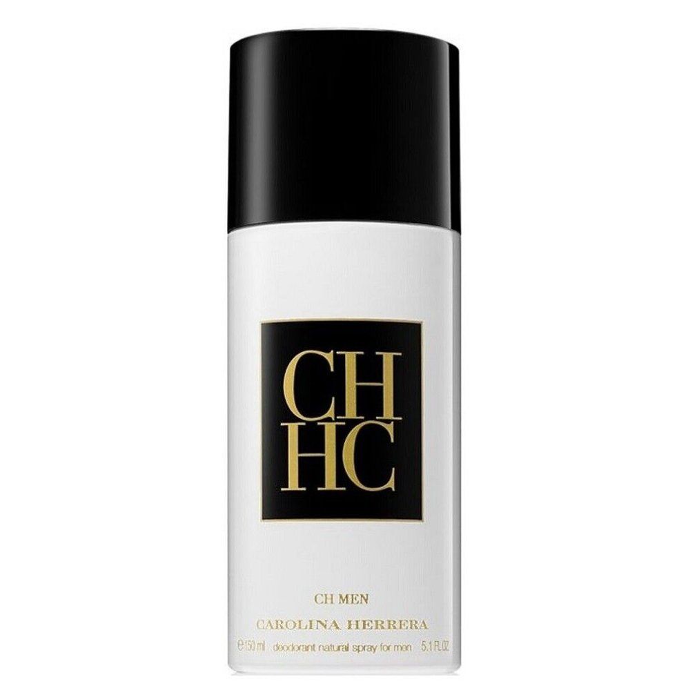 Deospray CH Men von Carolina Herrera. Weißes Gehäuse, schwarzer Deckel. Logo CH HC in Gold. Text: CH MEN, CAROLINA HERRERA.