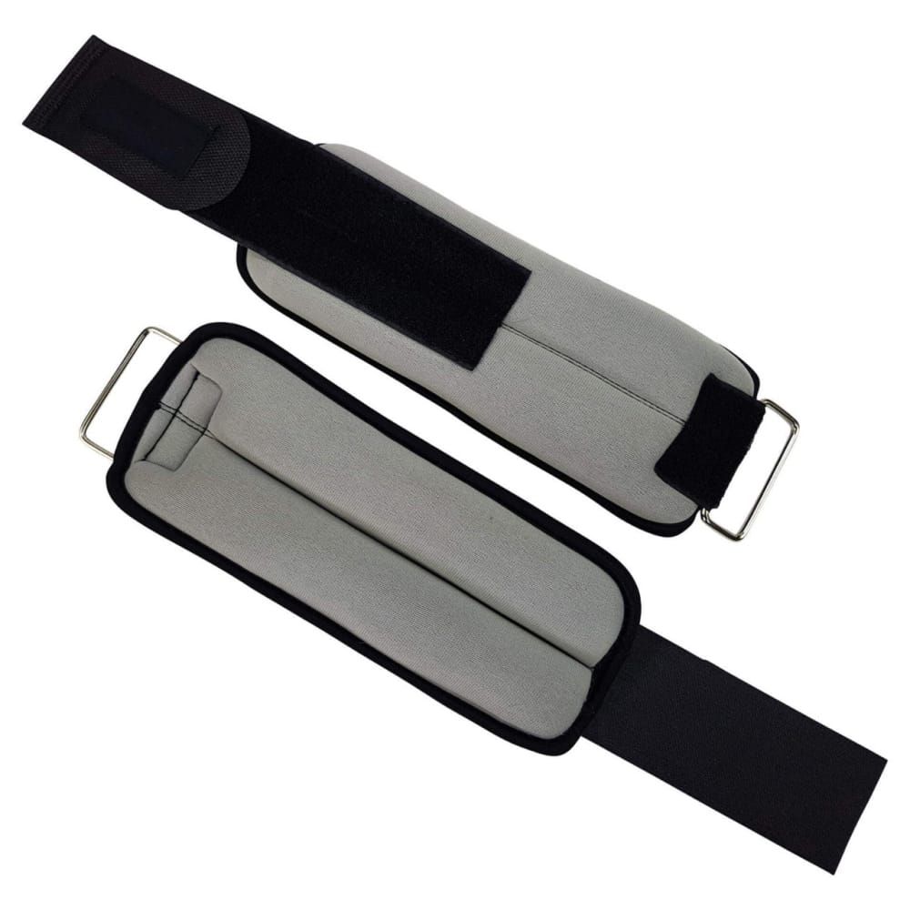 Zwei Handgelenk- und Knöchelgewichte. Grau-schwarzes Design mit Klettverschluss und Metallring.
