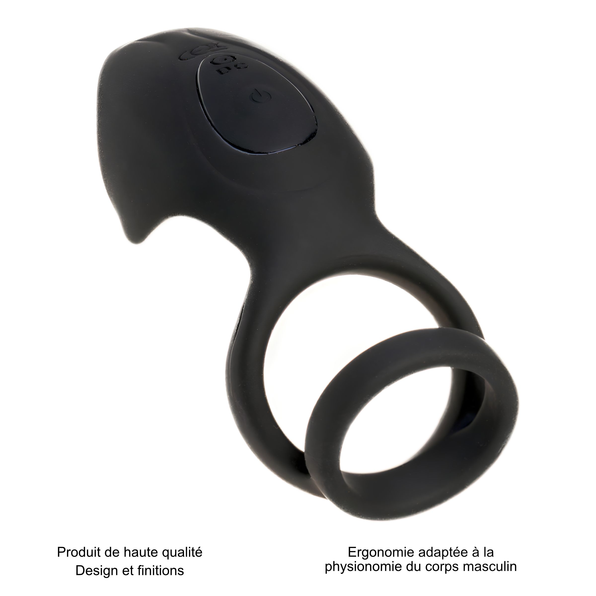 Schwarzes, ringförmiges Produkt. Beschriftungen: Produkt von hoher Qualität, Design und Verarbeitung, Ergonomie angepasst an die männliche Physiognomie.