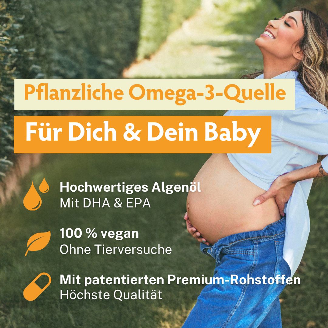 Schwangeren- und Baby-Omega-3 aus Algenöl. 100% vegan, tierversuchsfrei, höchste Qualität.
