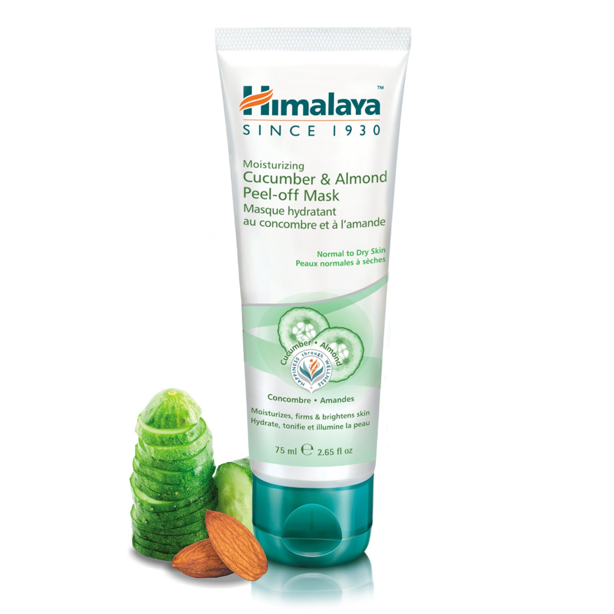 Tube mit Gesichtsmaske. Aufschrift: Himalaya, Cucumber & Almond Peel-off Mask. Gurken und Mandeln daneben.