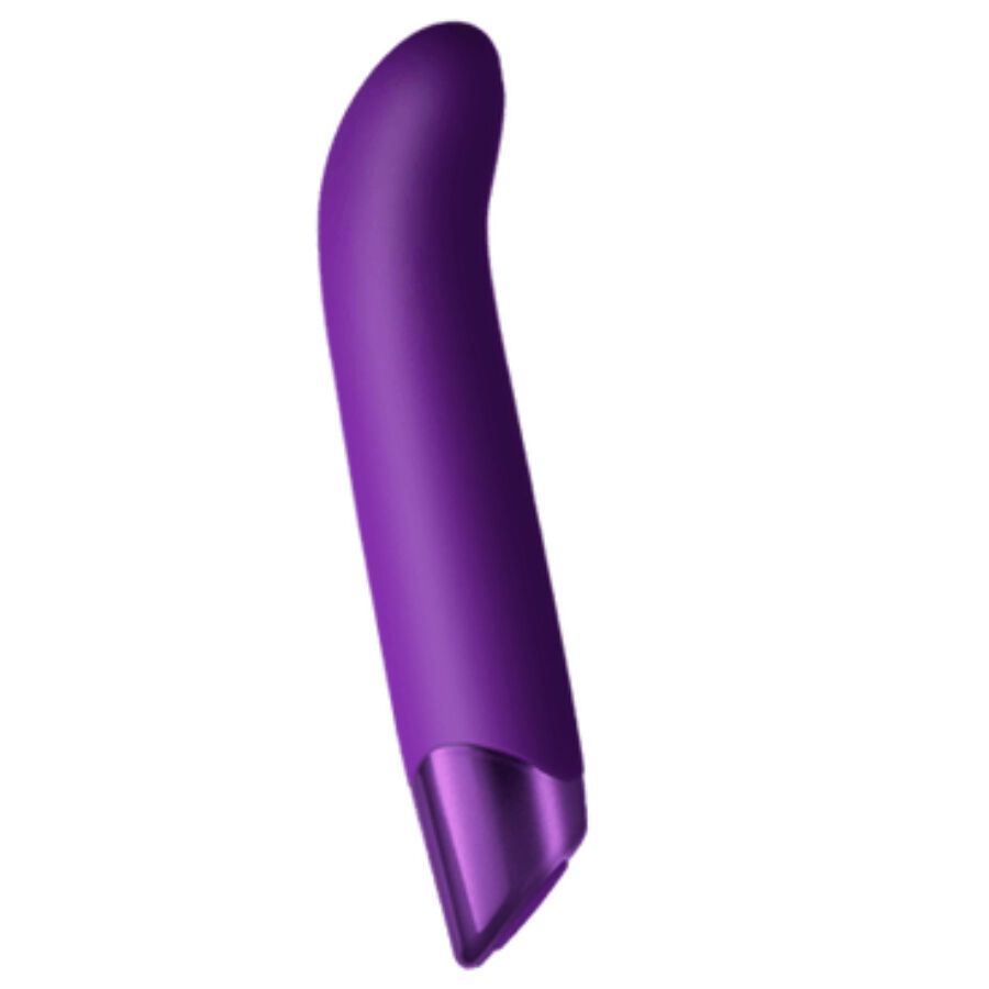 Lila Vibrator mit gebogener Form und metallischem Ende. Freigestellt.
