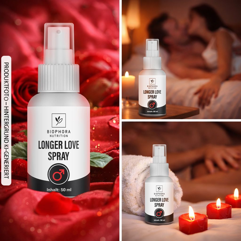 Collage mit Sprühflakon 'Longer Love Spray'. Zeigt ein Paar, Rosen und Kerzen in verschiedenen Ansichten.