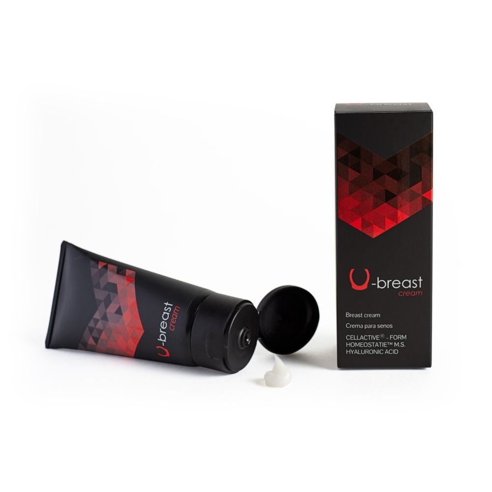 Schwarze Tube mit rotem geometrischem Muster und Aufschrift "U-Breast Cream". Daneben eine schwarze Verpackung.