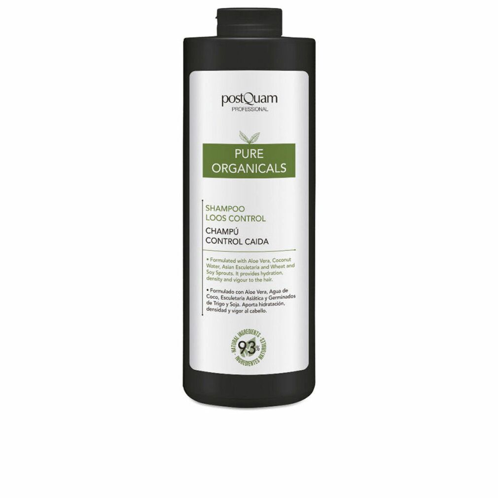 Schwarze Shampoo-Flasche mit weißem Etikett. Text: Pure Organicals, Shampoo Loos Control, 93% natürliche Inhaltsstoffe.