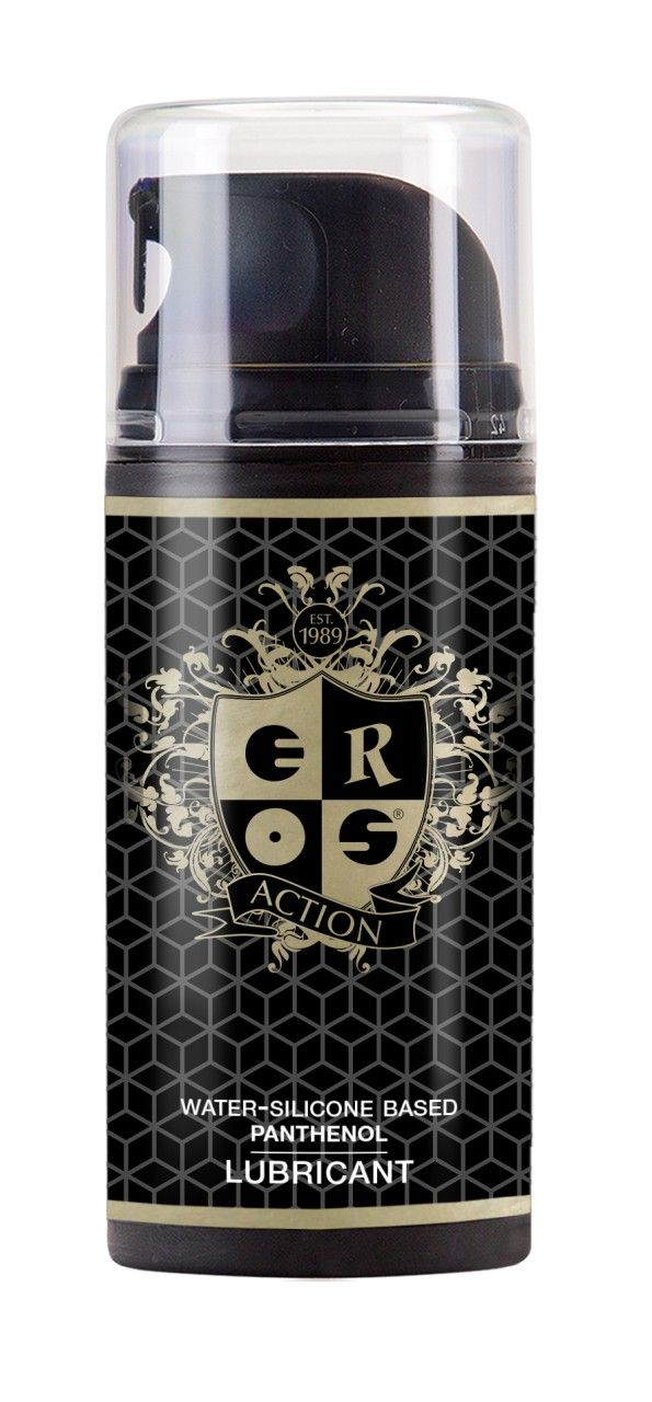 Zylindrische Flasche mit schwarzem Etikett. Text: EROS ACTION, WATER-SILICONE BASED, PANTENOL, LUBRICANT. Transparenter Deckel.