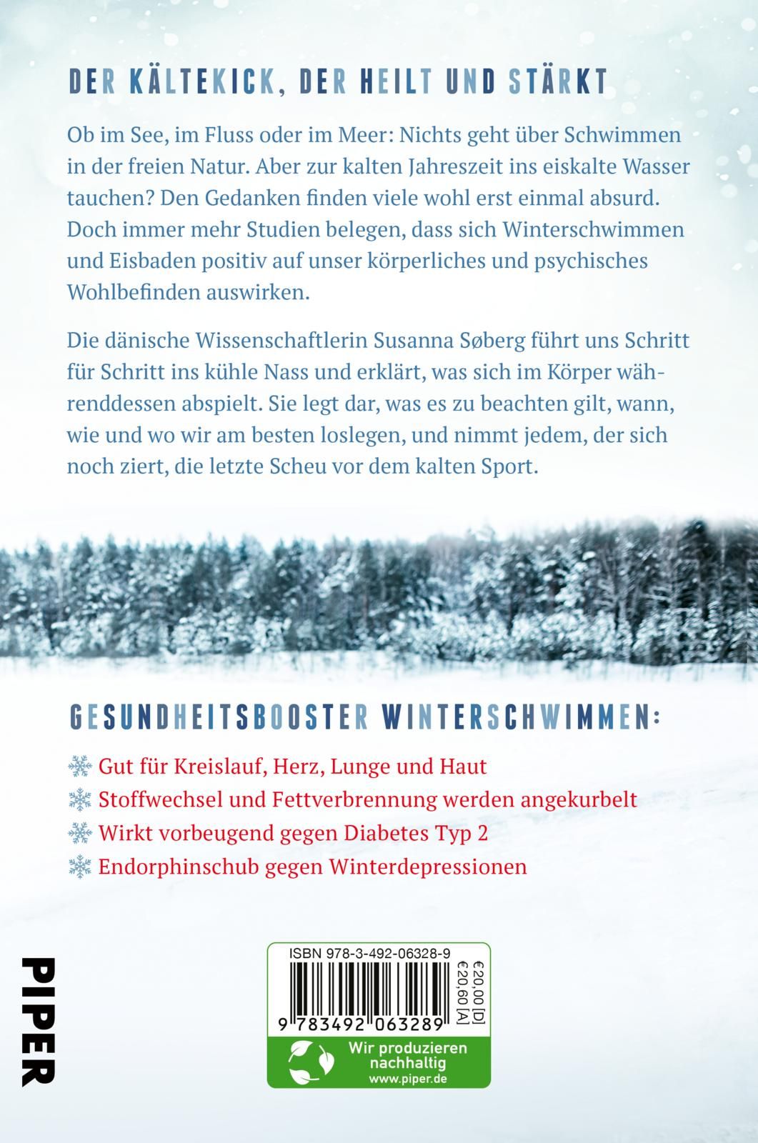 Rückseite des Buches "Winterschwimmen". Text über Vorteile des kalten Badens. Verlag Piper, ISBN-Code.