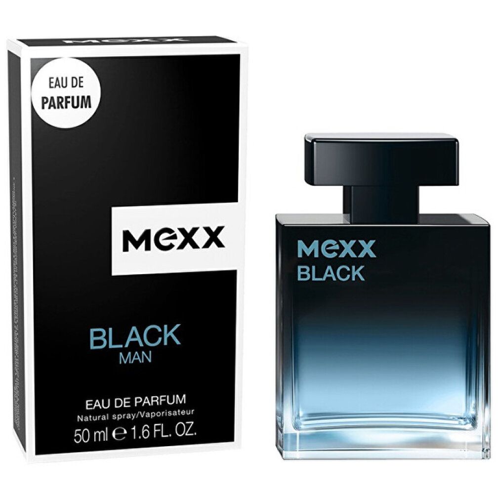 Schwarzer Flakon mit schwarzem Deckel. Aufschrift: Mexx Black Man Eau de Parfum. Verpackung mit Logo und Produktbezeichnung.