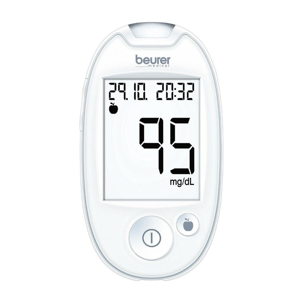 Blutzuckermessgerät. Weißes, ovales Gerät mit Display. Zeigt Datum, Uhrzeit und Wert 95 mg/dL an. Marke: Beurer.